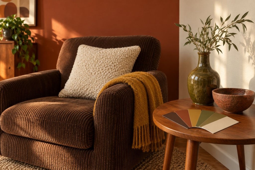 Seventies colour palette shown with terracotta and oat walls, a brown corduroy chair and mustard, olive and rust accents
