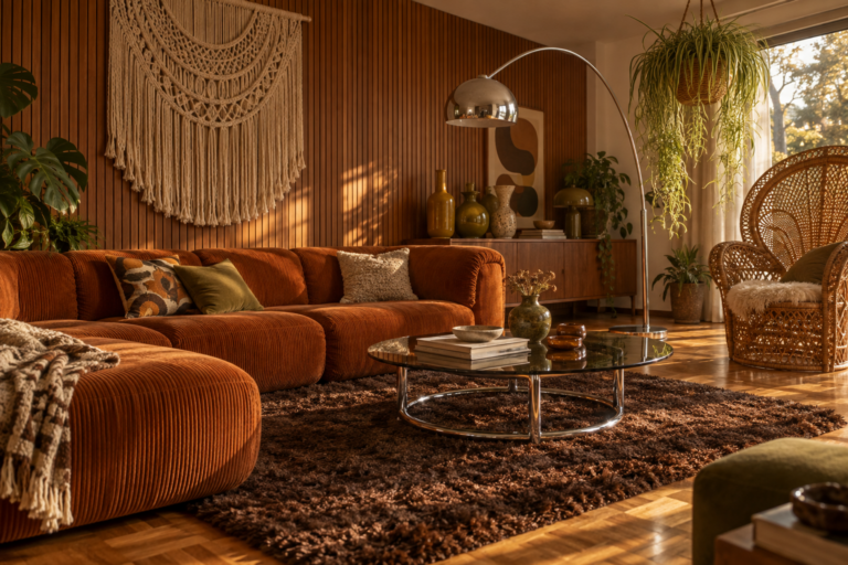 Seventies-inspired living room with a burnt orange corduroy sofa, shag rug, teak slat wall and macramé hanging