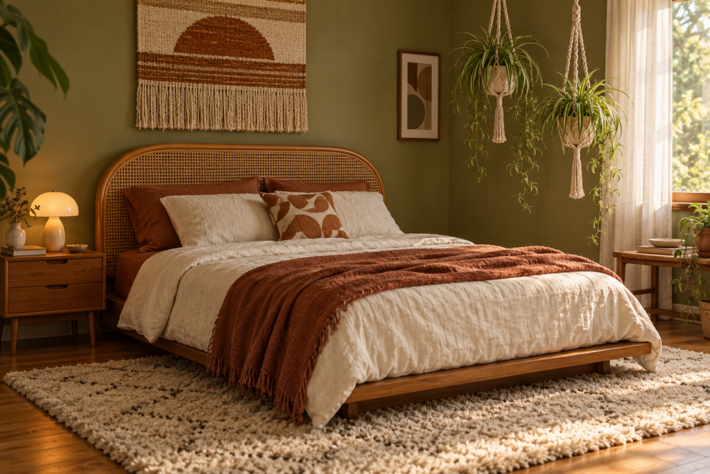 Seventies-inspired bedroom with a cane headboard, olive walls, woven wall hanging and macramé plant hangers