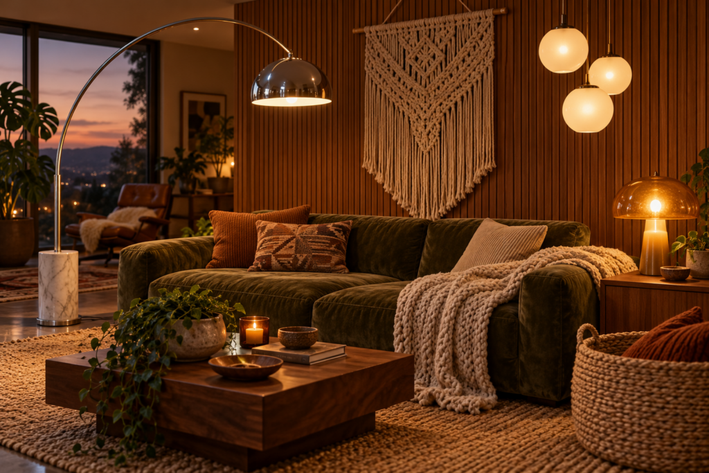 Seventies living space at dusk with a chrome arc lamp, amber mushroom lamp, globe pendants and a macramé wall hanging