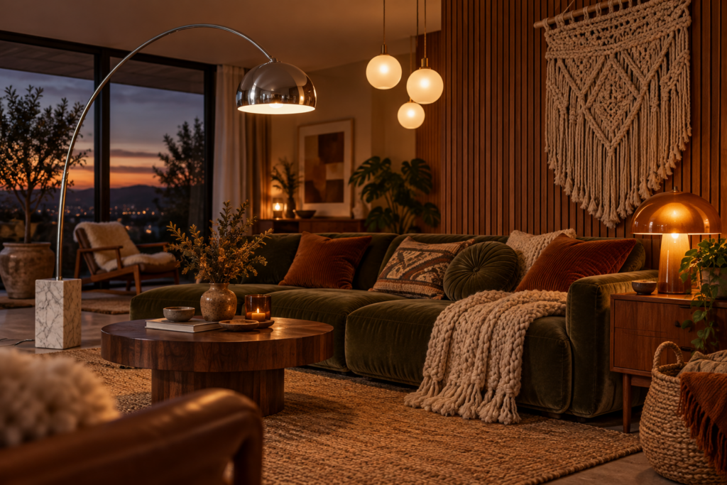 Low modular rust corduroy sofa with a smoked glass chrome table and cane lounge chair on a high-pile rug