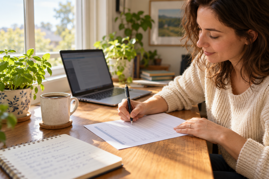Person filling in a paper application form at a sunny home desk beside a laptop and a potted herb