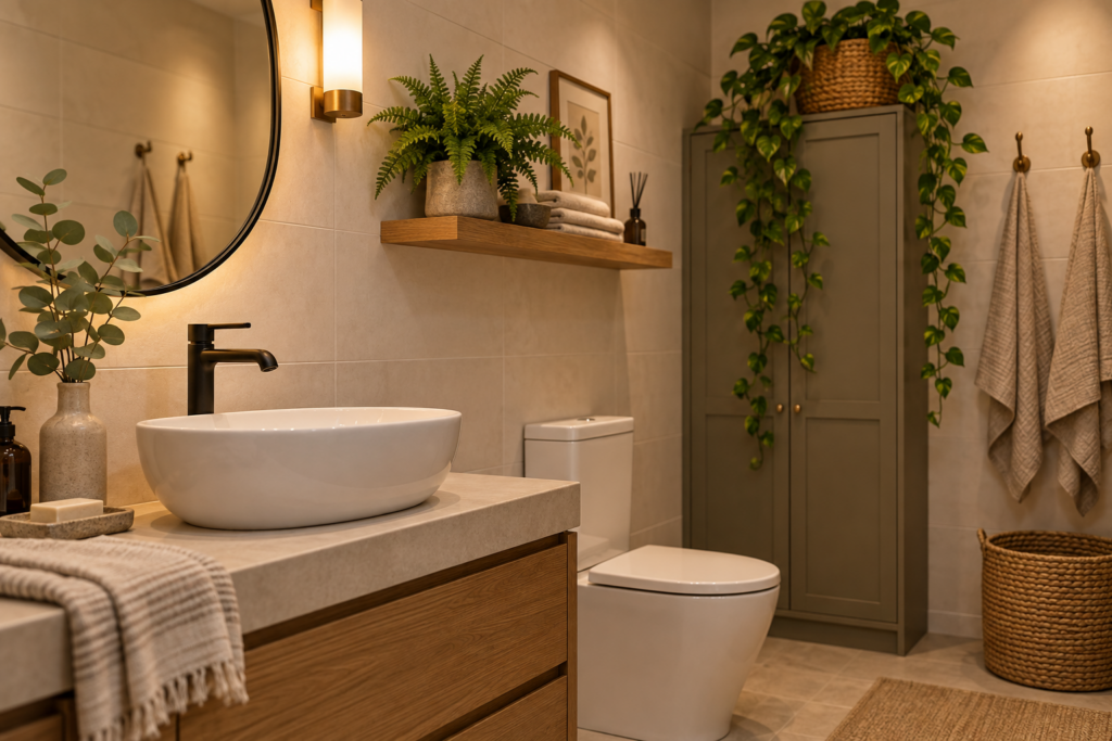 Windowless bathroom styled with a faux fern on a shelf and trailing artificial pothos on top of a cabinet