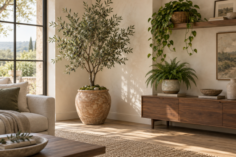 Living room corner with a tall artificial olive tree in a terracotta pot and faux fern and trailing pothos nearby