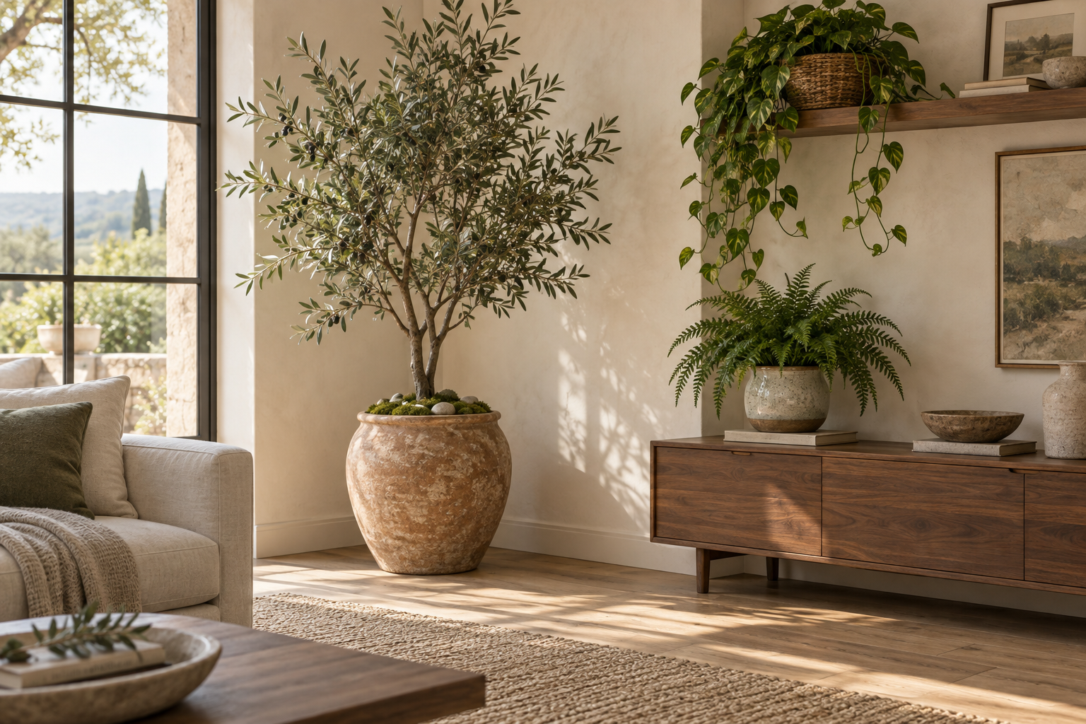 Living room corner with a tall artificial olive tree in a terracotta pot and faux fern and trailing pothos nearby