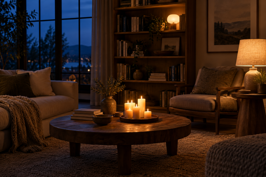 Room at dusk lit by a warm table lamp and a grouped cluster of pillar candles on a wooden tray