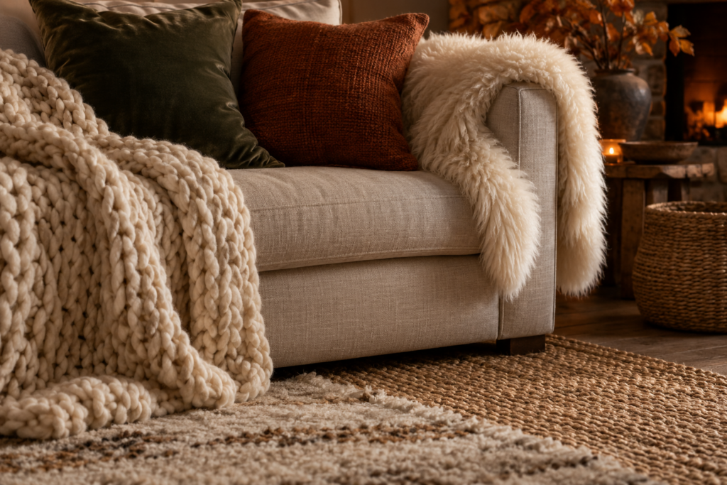 Sofa layered with chunky knit throw, velvet and wool cushions and a sheepskin over the arm