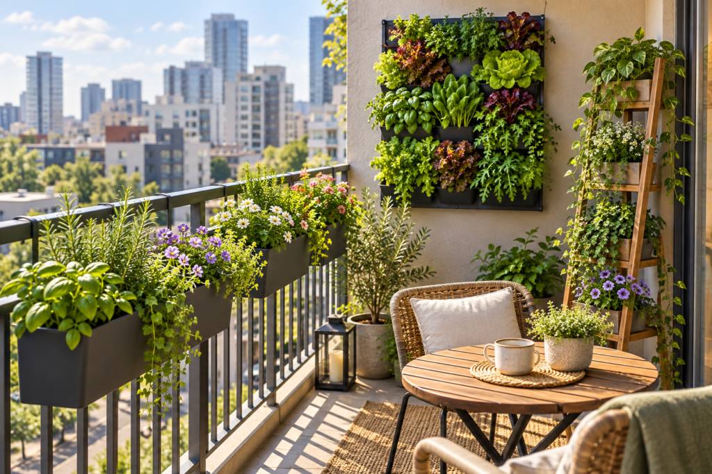 Balcony vertical garden with railing planters, a wall-mounted salad panel, and a ladder planter