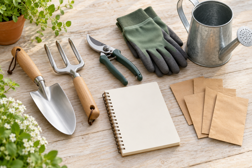 Beginner gardening gift set with trowel, hand fork, secateurs, gloves, watering can, notebook and seed envelopes