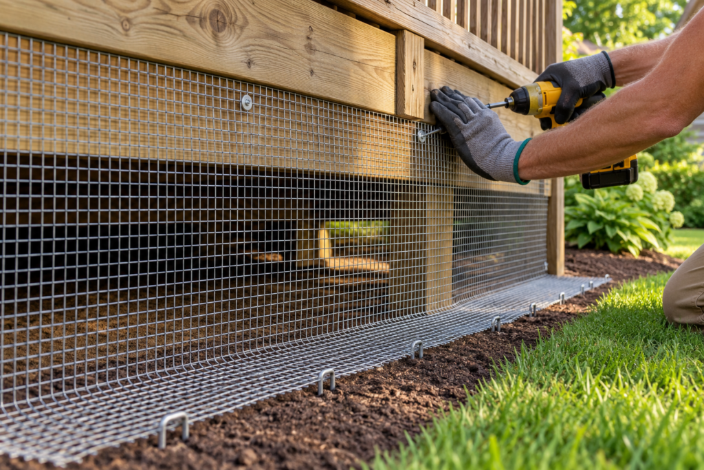 Blocking the space under a deck with hardware cloth to stop rabbits sheltering and nesting