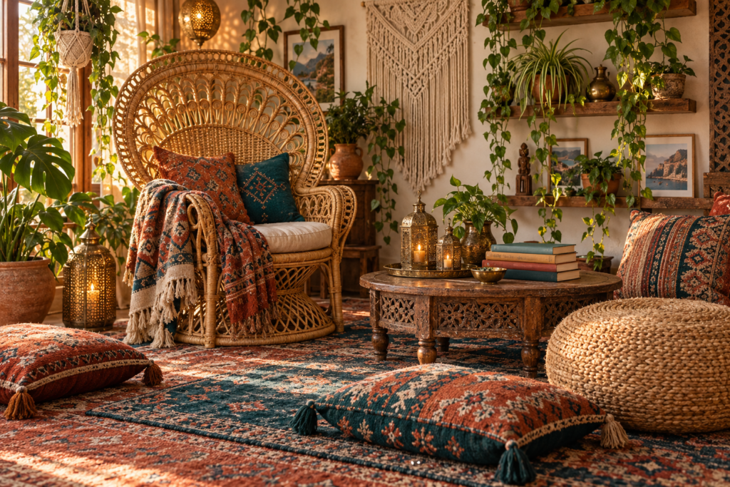 Bohemian decor style living room with rattan chair, layered rugs, floor cushions, macramé and trailing plants