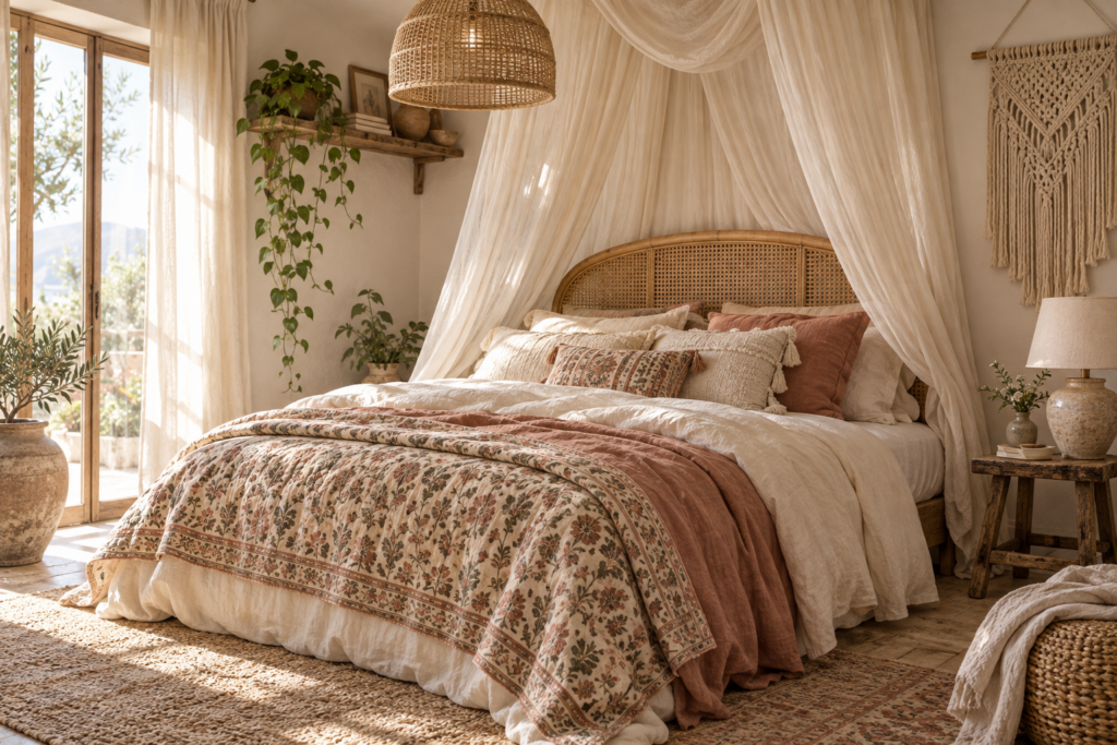Boho bedroom with cane headboard, linen bedding, sheer canopy, rattan pendant and trailing plants