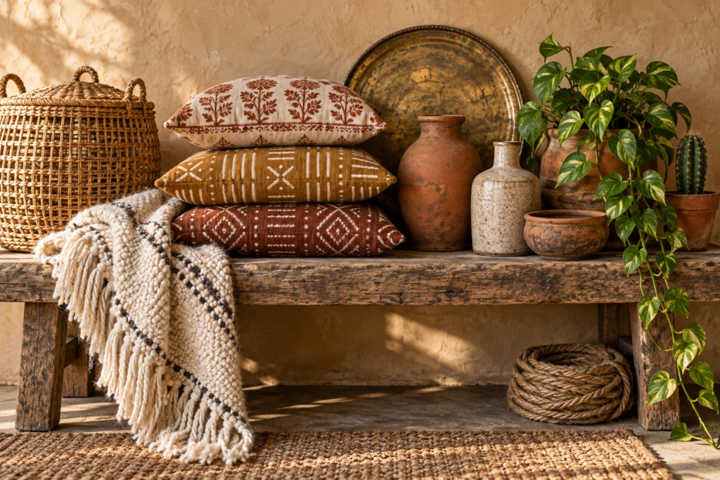 Boho decor materials including rattan basket, patterned cushions, fringed throw, terracotta vases and plants