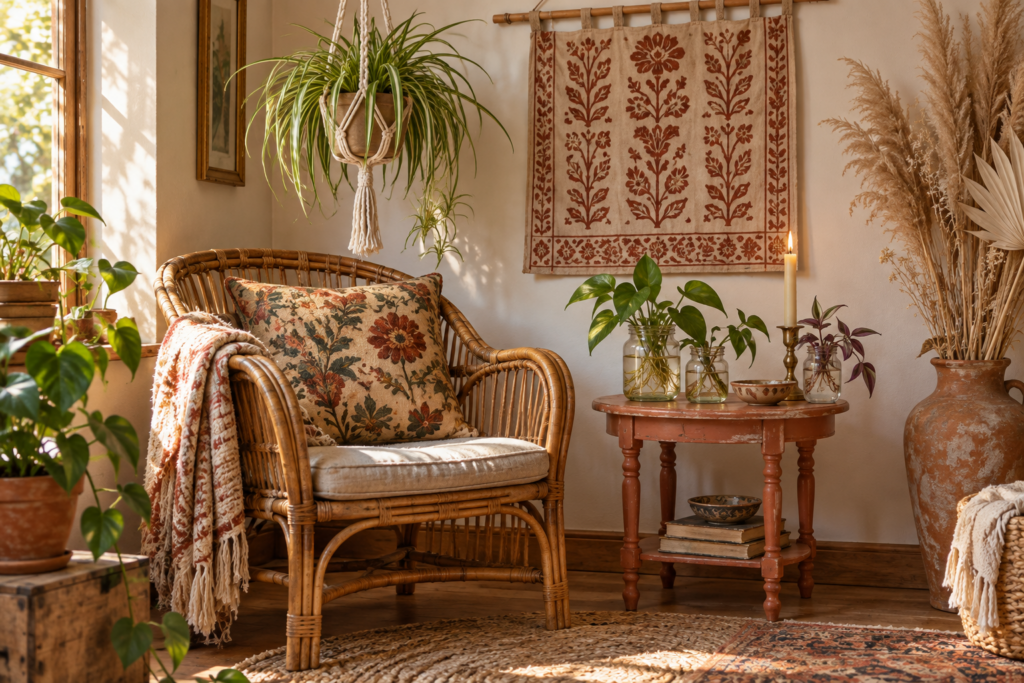 Budget boho corner with thrifted rattan chair, plant cuttings in jars, DIY macramé hanger and dried grasses