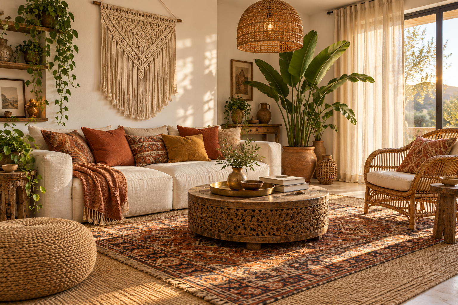 Boho chic living room with layered rugs, rattan chair, textured cushions, macramé and trailing plants
