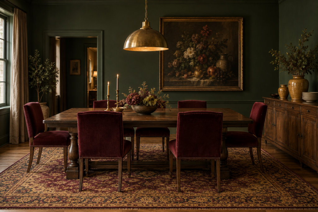 Forest green dining room with oxblood velvet chairs, a walnut table, brass pendant light, and ochre accents