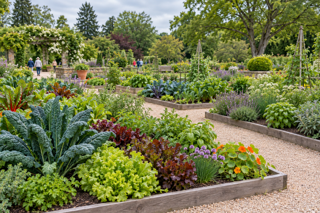 Demonstration vegetable and herb beds at a public botanical garden with gravel paths and visitors