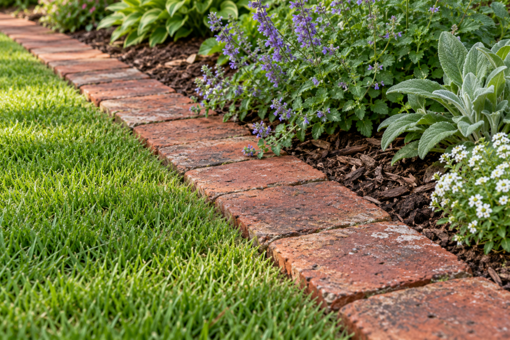 Reclaimed brick mowing strip laid flat between a lawn and a mulched flower bed