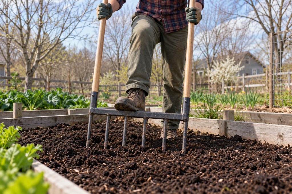 Loosening compost-topped garden soil with a broadfork to prepare a bed for spring planting