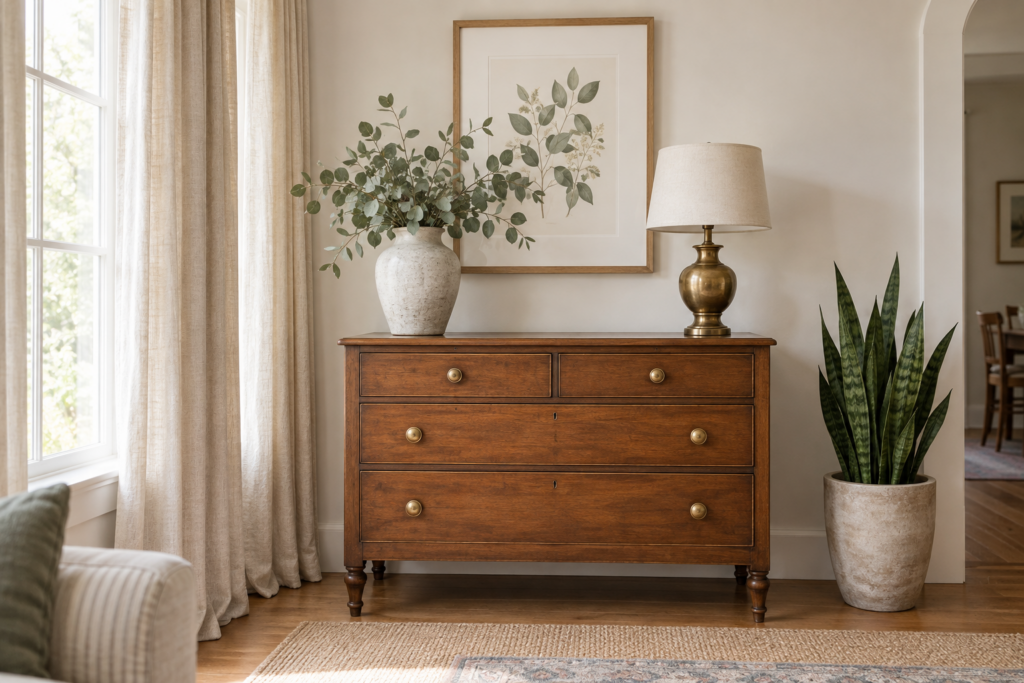 Refinished secondhand dresser with brass knobs, a well-framed print, a large ceramic vase, and a thrifted brass lamp
