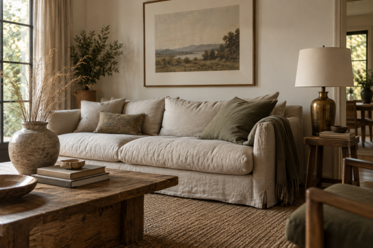 Living room corner with linen cushions, stoneware vase, brass lamp and a wide-mounted framed print