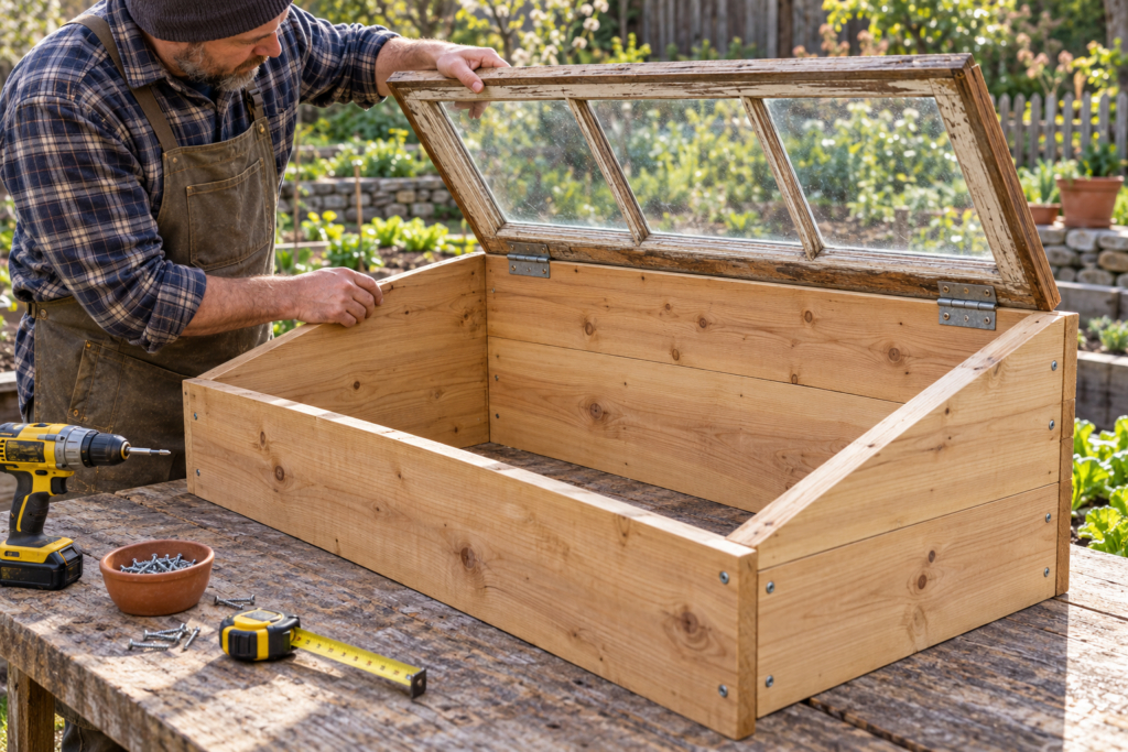 Building a homemade wooden cold frame with sloped sides and an old window as the lid
