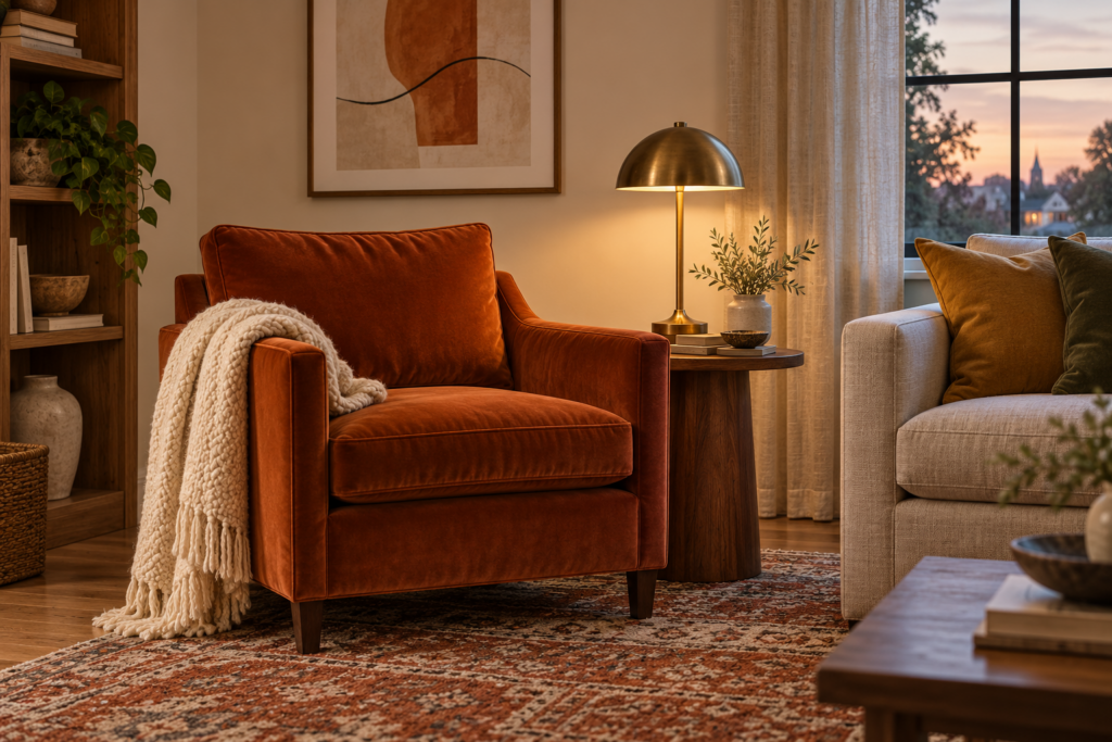Burnt orange velvet armchair with a brass lamp, walnut side table, and matching accents in a cream living room