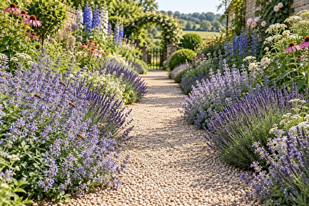 Gravel path edged with catmint and lavender spilling softly over the edge