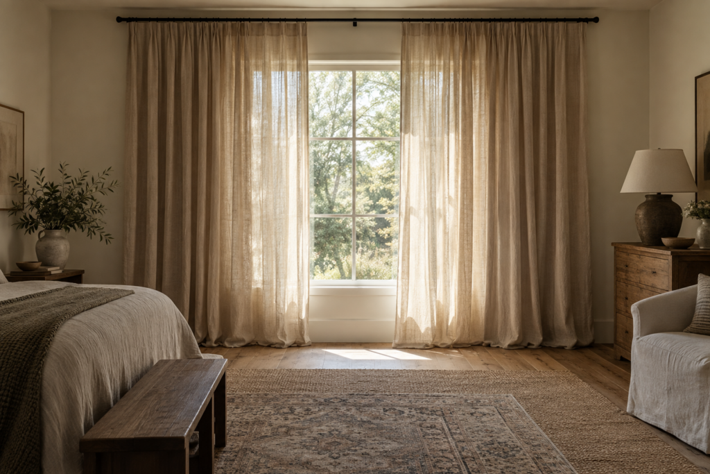 Floor-length linen curtains hung high and wide above a window with layered jute and patterned rugs