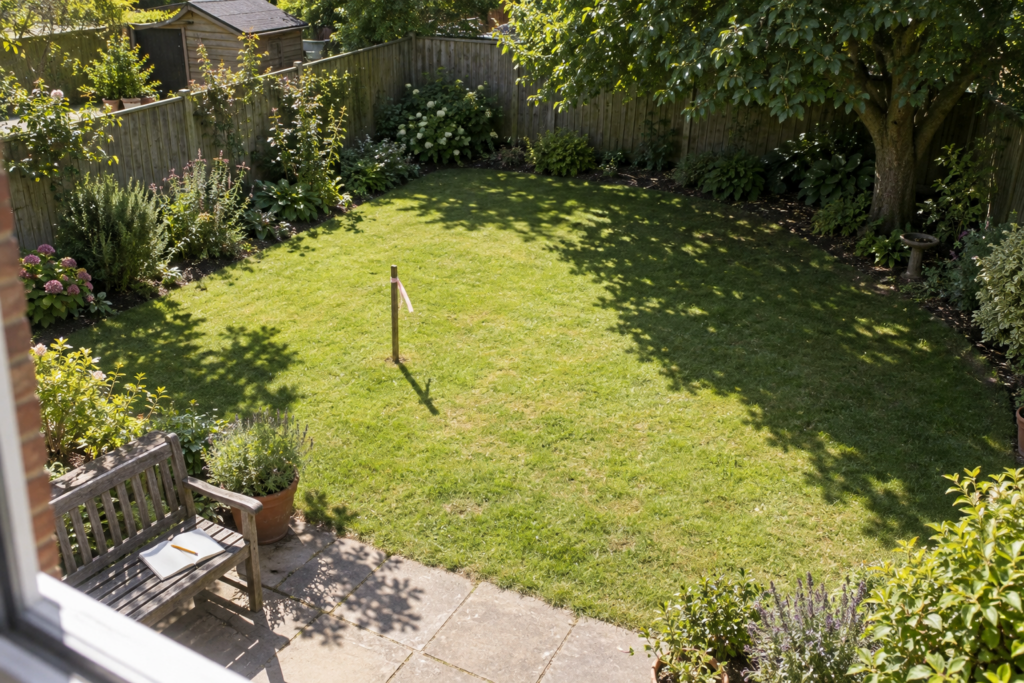 Back garden at midday showing full sun areas and tree shade, with a marker stake and notebook for tracking light