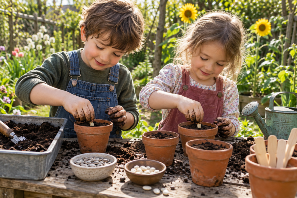 Two children planting large seeds into terracotta pots at a low garden bench with compost on their hands