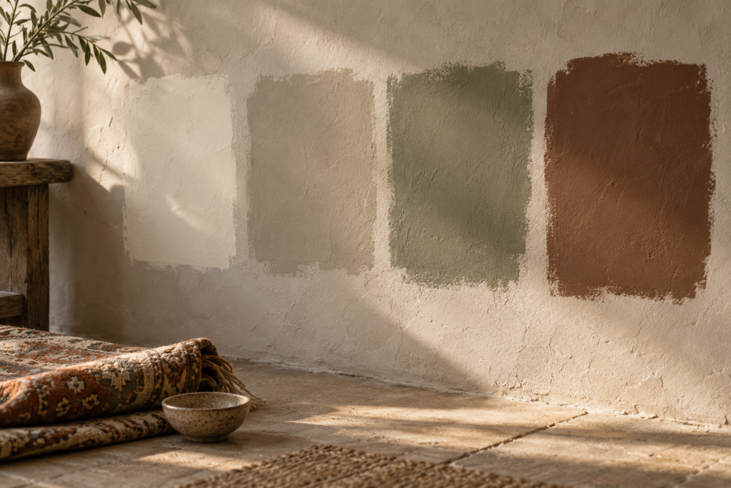 Large paint sample patches on a wall next to a patterned fabric used to build a colour palette