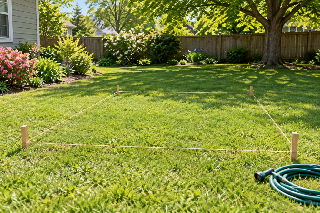 Sunny backyard lawn marked out with stakes and twine for a new vegetable garden bed