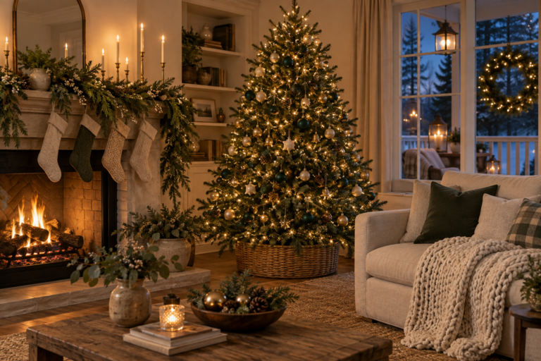 Living room at dusk with a warm-lit Christmas tree, fresh garland on the mantel and candles