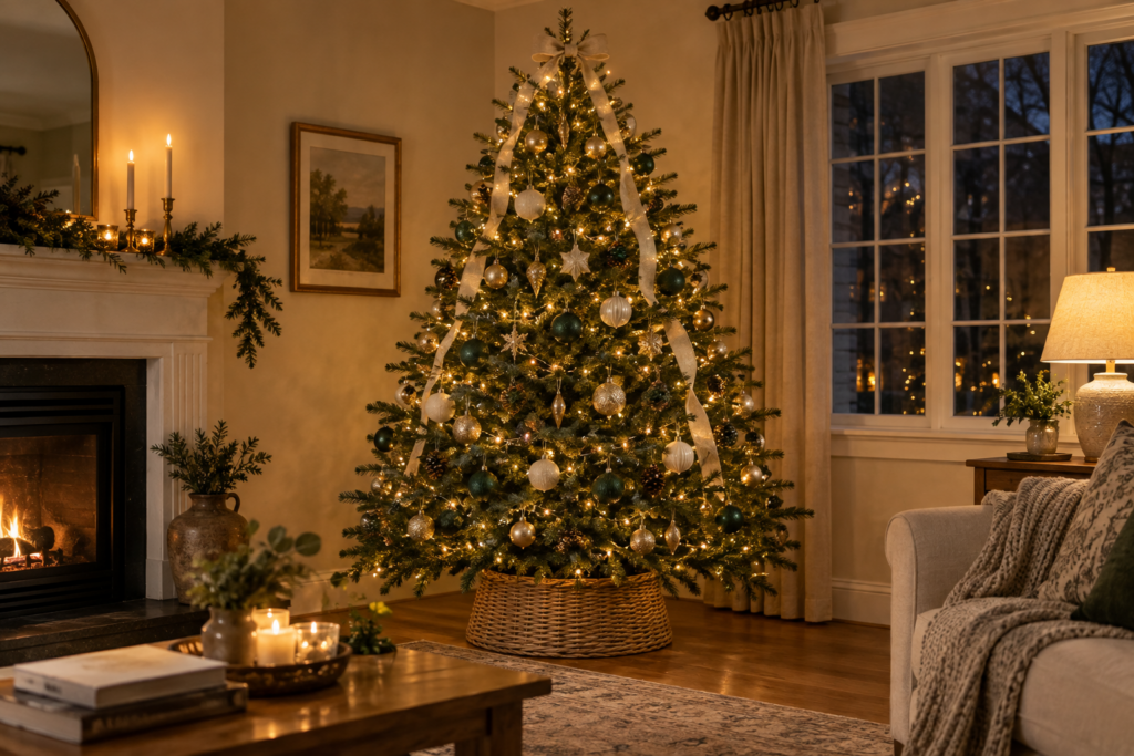 Real fir Christmas tree with warm white lights layered deep into the branches and brass ornaments