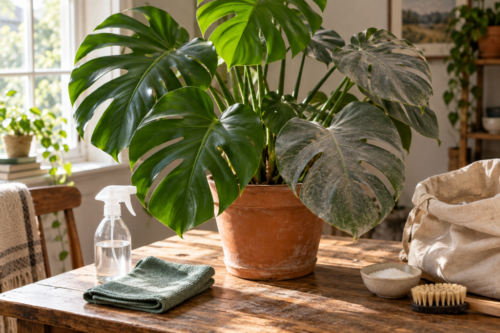 Faux monstera being cleaned with a microfibre cloth, showing dusty leaves beside freshly wiped clean ones