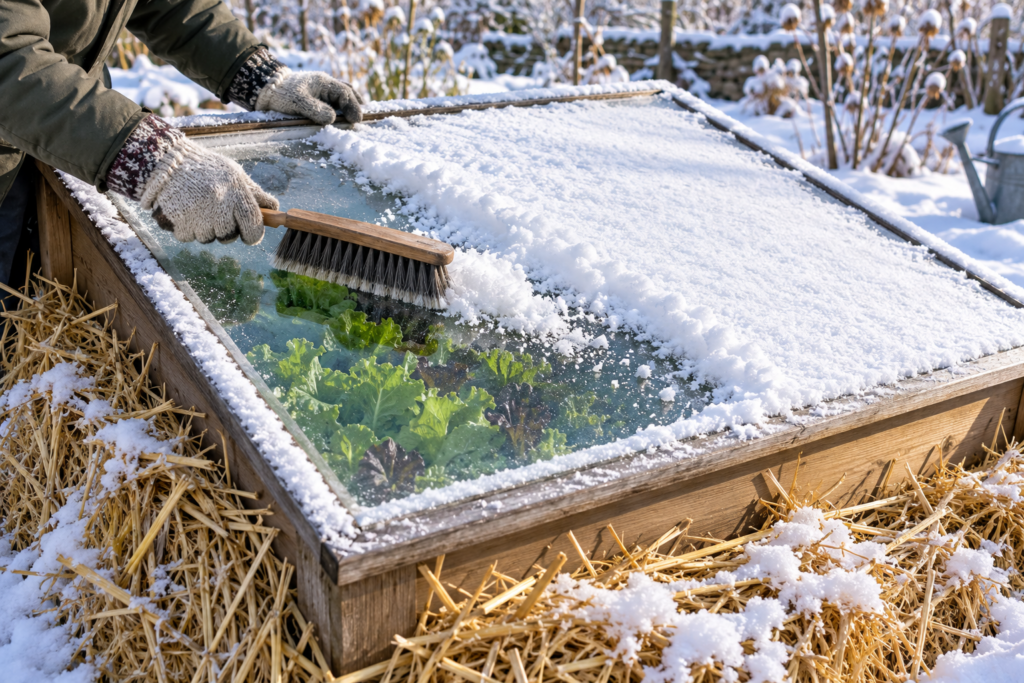 Brushing snow off a cold frame lid with straw banked around the sides for insulation