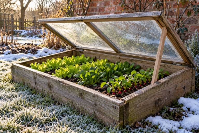 Cold frame gardening in early spring with the lid propped open over lettuce, spinach, and radish seedlings beside frosty grass