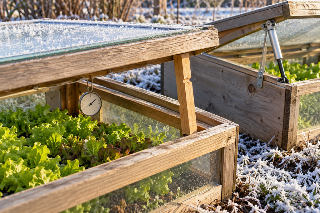 Cold frame lid propped open for ventilation with a thermometer inside and an automatic vent opener nearby
