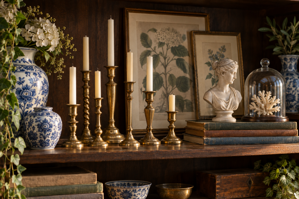 Shelf styled with a collection of brass candlesticks, vintage books, ceramics and leaning framed prints