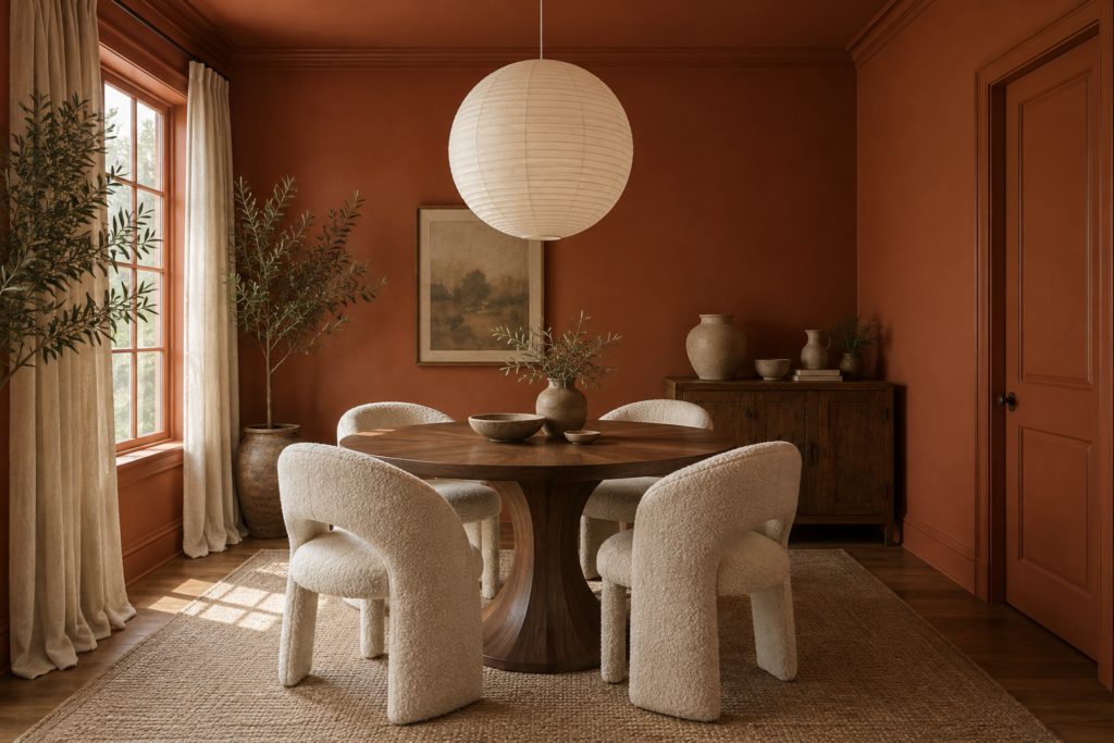 Color drenched terracotta dining room with a round walnut table, curved boucle chairs, a paper pendant light, and an olive tree