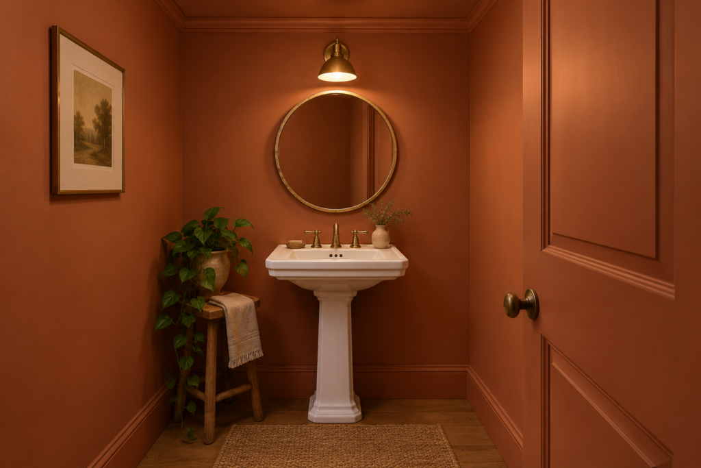 Small powder room color drenched in terracotta with a brass mirror, pedestal sink, and linen towel