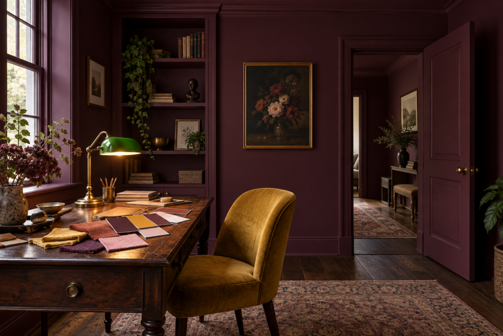 Colour-drenched aubergine study with a mustard velvet chair and fabric swatches spread on a vintage desk