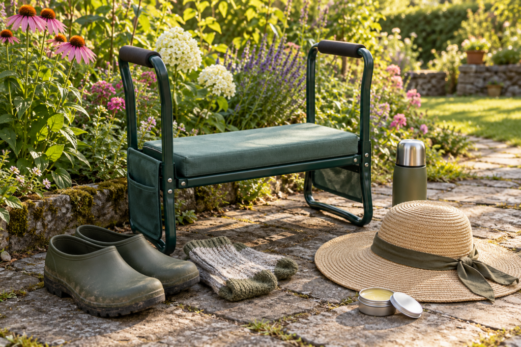 Folding kneeler bench, garden clogs, sun hat, flask and hand balm on a path beside a flower border