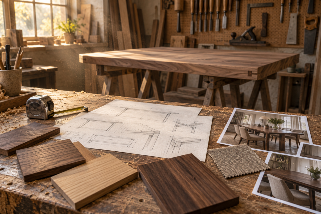 Workshop bench with dining table sketches, wood finish samples, a tape measure, and reference photos for a custom commission