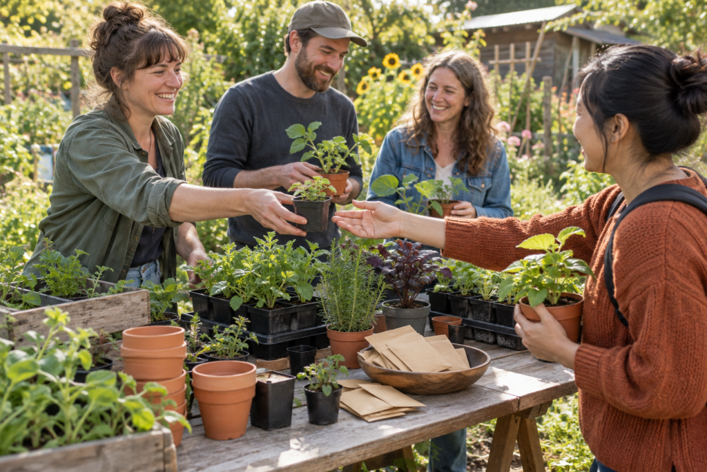 People exchanging potted seedlings and cuttings at an outdoor community plant swap table