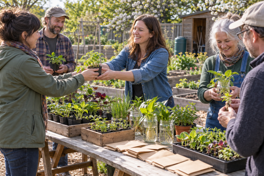 Adults exchanging potted seedlings and cuttings across a trestle table at a spring community plant swap