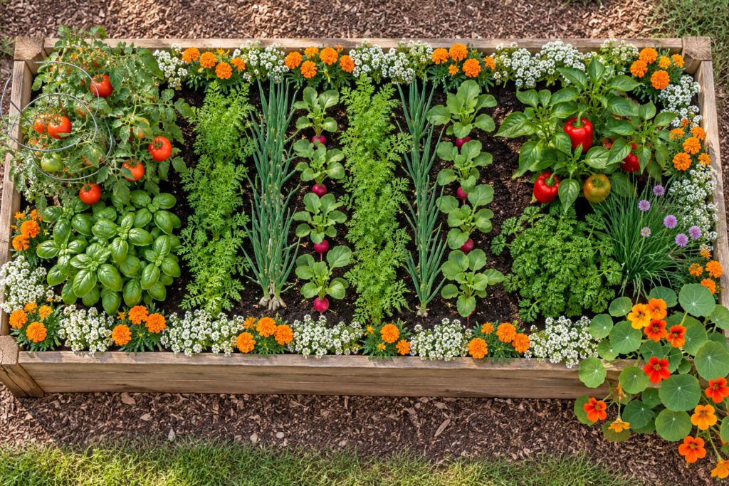 Overhead view of a raised bed planned with companion plants, flowers, and herbs