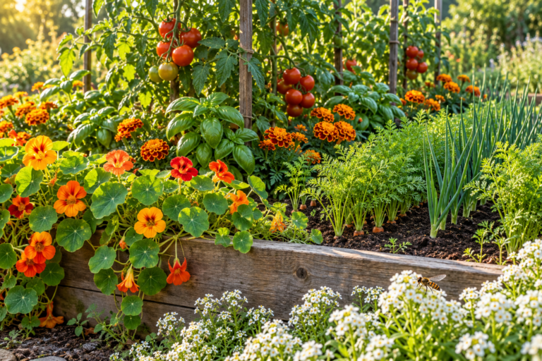 Companion planting bed with tomatoes, basil, marigolds, carrots, onions, nasturtiums, and sweet alyssum