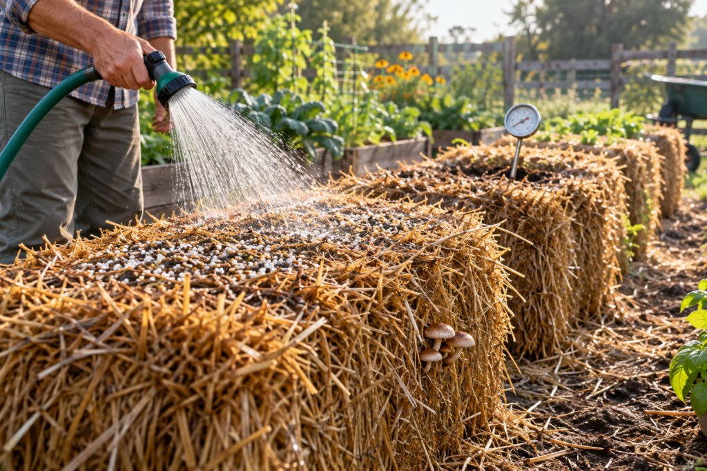 Conditioning straw bales with water and fertilizer, with a compost thermometer checking bale temperature